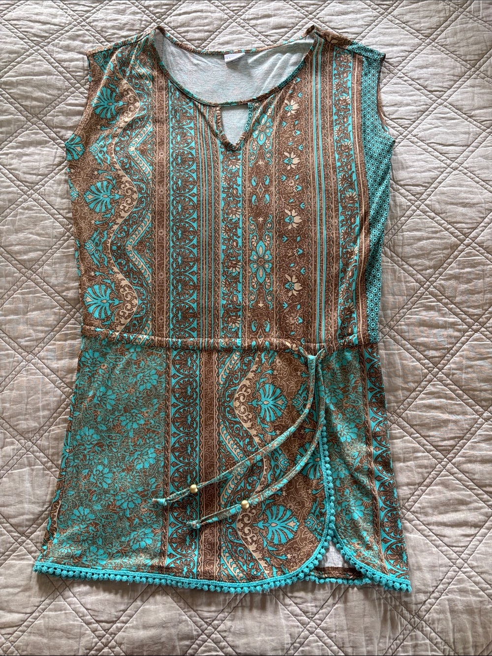 Sleeveless Printed Mini Dress in Teal and Brown